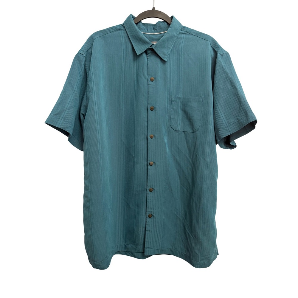 Van Heusen Mens XL Teal Textured Short Sleeve Button Down Camp Shirt 540071
